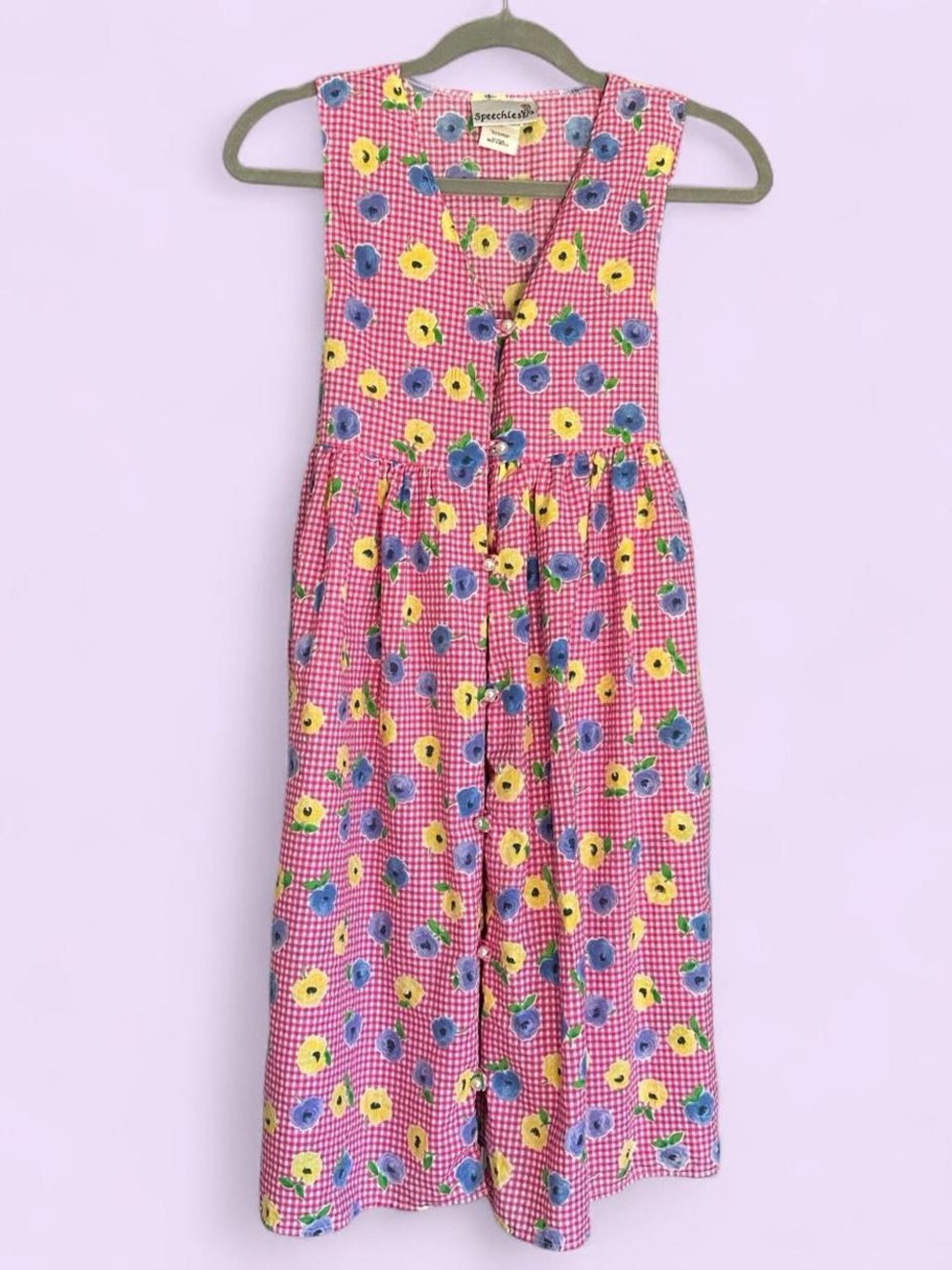 Vintage 90s Pink Gingham Floral Button Front Midi Dress
